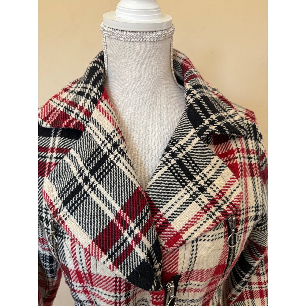 Plaid Moto Jacket Red Black Cream Belted Wool Blend Cato Small Zip Front Lined - Picture 5 of 12